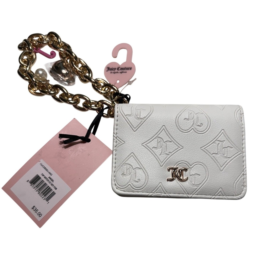 Juicy Couture White Heart Debossed Card Case Wallet Key Fob Gold Chain NWT Y2K